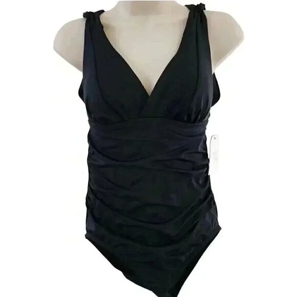 Time & Tru Women's Black Poly/Spandex Slimming Full Seat Coverage One Piece Swim - Picture 1 of 11